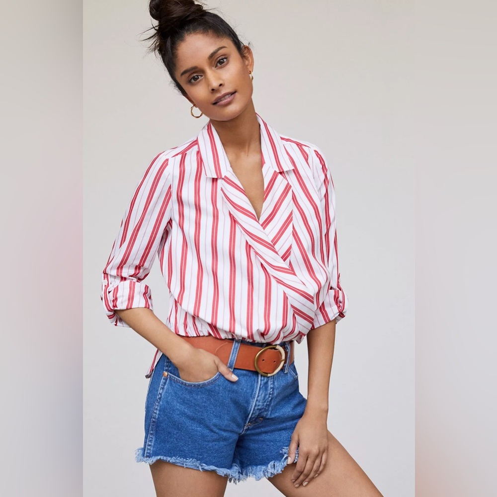 Anthropologie Red and White Striped Wrap Blouse